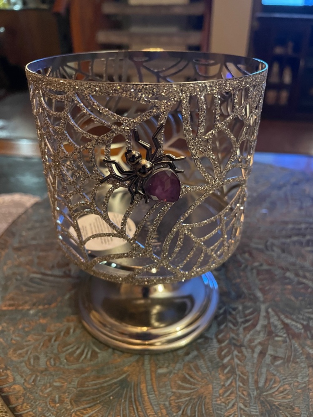 Bath & Body Works Silver Glitter Spider Web Candle Holder with Purple Gem